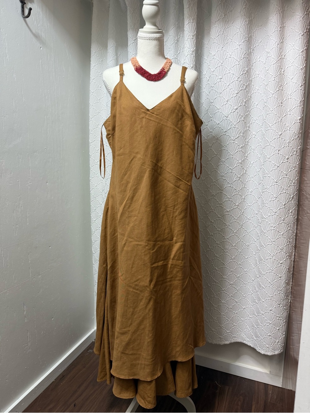 Ashley Stewart Camel Brown Maxi Dress with Adjustable Spaghetti Straps